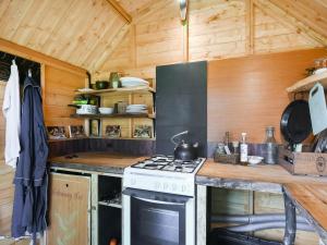 una cucina con piano cottura e forno in una cabina di The Hideaway a Quatford