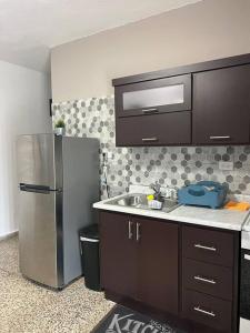 a kitchen with a stainless steel refrigerator and a sink at Villa Orquídea 4 in Humacao