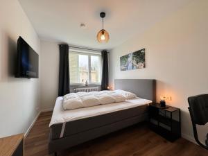 um quarto com uma cama, uma janela e uma televisão em Rauenstein em Überlingen