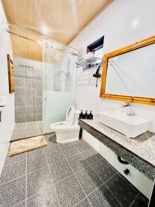 a bathroom with a shower and a toilet and a sink at Tropical Valley Homestay in Phong Nha