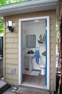een badkamer met een toilet en een wastafel bij The Old Stone Cottage at Tippy in North Webster