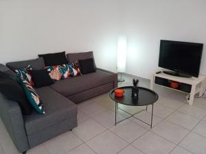 a living room with a couch and a tv at Bas de villa proche plages et calanques in Marseille