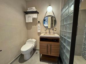 Un baño con inodoro, lavabo y espejo. en Luxury Suite up to 10ppl near Torre Latino, en Ciudad de México 30 fotos más