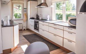 cocina con armarios blancos y 2 ventanas en Gorgeous Home In Sydals With House Sea View, en Sønderby