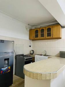 a kitchen with a refrigerator and a counter top at The Lavish Condo -Wandegeya in Kampala