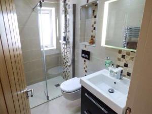 a bathroom with a shower and a toilet and a sink at Shreyas Cottage in Blackburn +2 photos