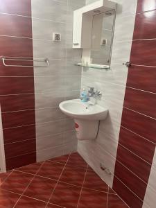 a bathroom with a sink and a mirror at Стаи за гости Първи май in Gabrovo