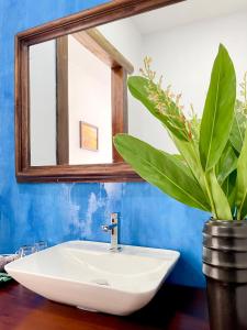 lavabo con espejo y planta en Villa Romduol, en Kampot