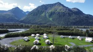 eine Gruppe von Zelten auf einem Feld neben einem Berg in der Unterkunft Howling Wolf Resort in Seward