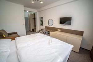 een slaapkamer met een bed en een bureau met een televisie bij Hotelový Dům in Olomouc