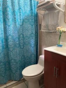 a bathroom with a toilet and a blue shower curtain at Casa en Residencial Privado Lomas de San Francisco in San Salvador