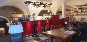 Dos mujeres sentadas en una mesa en un bar en Bioweingut Hauerhof 99 -apartment 1, en Klosterneuburg