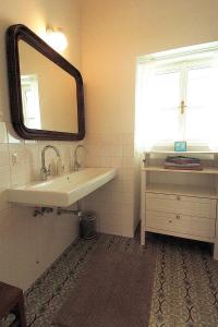 ein Bad mit einem Waschbecken und einem Spiegel in der Unterkunft Bioweingut Hauerhof 99 -apartment 4 in Klosterneuburg