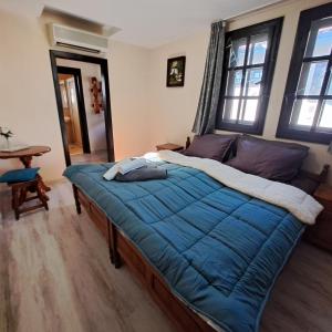 Schlafzimmer mit einem Bett mit blauer Decke in der Unterkunft Aura house in Dolna Banya
