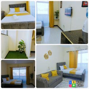 4 foto di una camera con un letto e un divano di Lux Suites Cinemax Studio Apartments a Kisauni