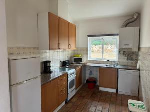 eine Küche mit Holzschränken und weißen Geräten in der Unterkunft Dream Executive Apartments in Luz