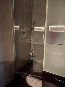 um chuveiro com uma porta de vidro na casa de banho em Priestranný 3 izb. apartmán v centre s parkovaním. em Banská Bystrica