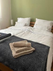 uma cama com duas almofadas e uma toalha em Priestranný 3 izb. apartmán v centre s parkovaním. em Banská Bystrica