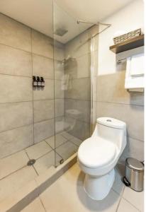 uma casa de banho com um WC e uma cabina de duche em vidro. em Central Park Jr. Suites em Quetzaltenango