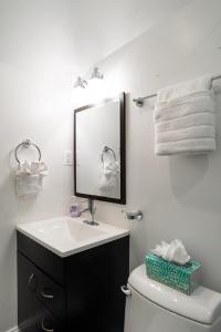 Decompress in the Zen Surroundings of a Cozy Carriage House في واشنطن: حمام مع حوض ومرآة فوق المرحاض