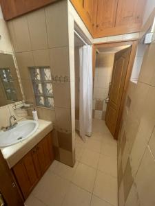 een badkamer met een wastafel en een douche bij Platán Apartman in Marcali