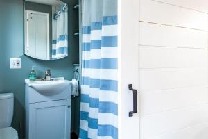 a bathroom with a blue and white shower curtain and a sink at Eastern Market Carriage house efficiency PRIVACY in Washington, D.C.