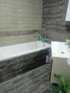 a bathroom with a bath tub and a sink at Apartament Wichrowe Wzgórze Olsztyn in Olsztyn