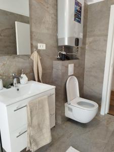 a bathroom with a white sink and a toilet at Studio Selena Vamaland in Vama Veche