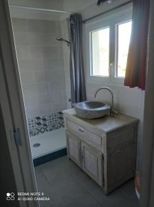 y baño con lavabo y ducha. en Chez Ophélie, en Saint-Bazile-de-Meyssac