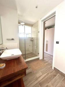 a bathroom with a sink and a glass shower at Summer beachfront apartment in Belle Mare
