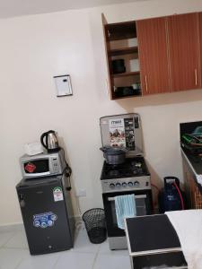 Il comprend une cuisine équipée d'une cuisinière et d'un four micro-ondes. dans l'établissement Cassie Homes Eldoret 1bedroom, à Eldoret