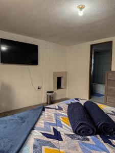 Schlafzimmer mit einem Bett und einem TV an der Wand in der Unterkunft Alta Terra Hospedajes in Quetzaltenango