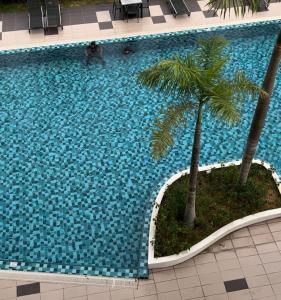 une grande piscine bordée d'un palmier dans l'établissement Danau Homestay, à Bandar Puncak Alam