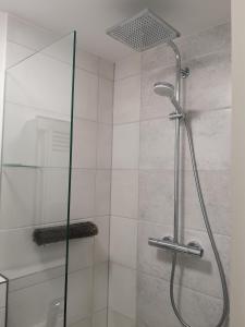 a shower with a glass door in a bathroom at Lange am Meer in Heringsdorf