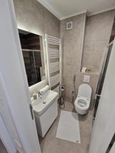 La salle de bains est pourvue de toilettes blanches et d'un lavabo. dans l'établissement Sarajevo Waves Aparthotel, à Sarajevo