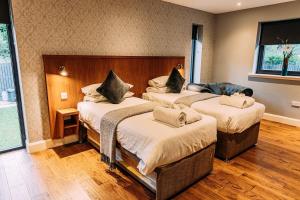 1 dormitorio con 2 camas y sofá en Stylish Loch Lomond lodge in stunning surroundings, en Balloch