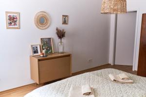 1 dormitorio con 1 cama y vestidor con 2 zapatillas en Útulný byt v centru města, en Litomyšl