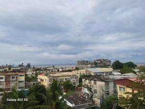 uma vista para uma cidade com edifícios e o oceano em Yulendo em Beira