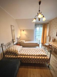 a bedroom with two beds and a chandelier at Willa Na Krańcu Kazimierza in Uściąż +18 photos
