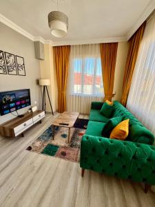 a living room with a green couch and a television at MEK HOMEs 2 in Fethiye