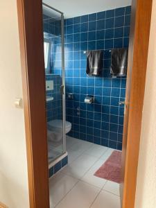 a blue tiled bathroom with a toilet and a glass shower at Pension zur Sonnenalb in Sonnenbühl