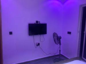 a purple room with a tv and a fan at BLUE AO HOTEL in Lagos