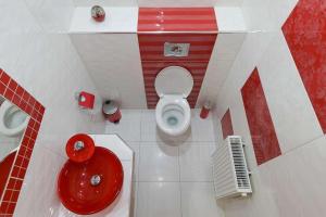 a bathroom with a red sink and a toilet at Willa Krystian in Murzasichle