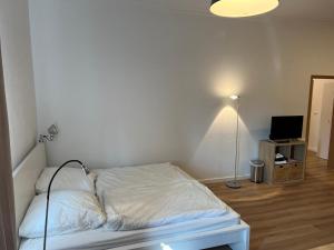 een slaapkamer met een bed met een lamp en een televisie bij Messewohnung für 2 in Giesen