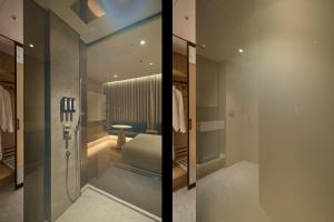two pictures of a bathroom with a glass door at Mayfield Hotel Seoul in Seoul