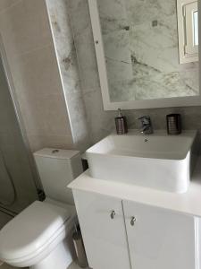 a white bathroom with a toilet and a sink at Parthenis appartments in Pythagoreio