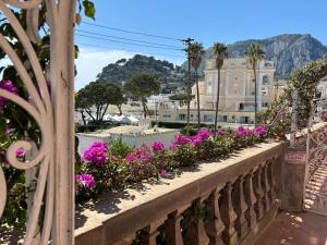 a balcony with flowers and a view of a city at LUXURY House in VILLA POMPEIANA Via Camerelle con Terrazza Vista Mare in Capri