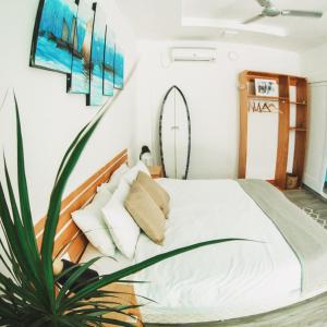 um quarto com uma cama e uma planta em Twin Palms Surfhouse em Thulusdhoo