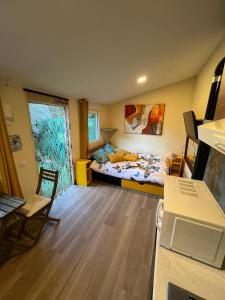 Paredes de BuitragoにあるCabaña del olivoのベッドとデスクが備わる小さな客室です。