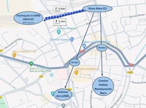 um mapa de uma cidade com ruas em Ravissant T2 *Clim *WIFI - Centre-ville, 2min Gare - ROSSIconciergerie - Linge inclus em Lunel